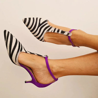 Savana™ | Zebra Print High Heels with Purple Heel and Back Strap